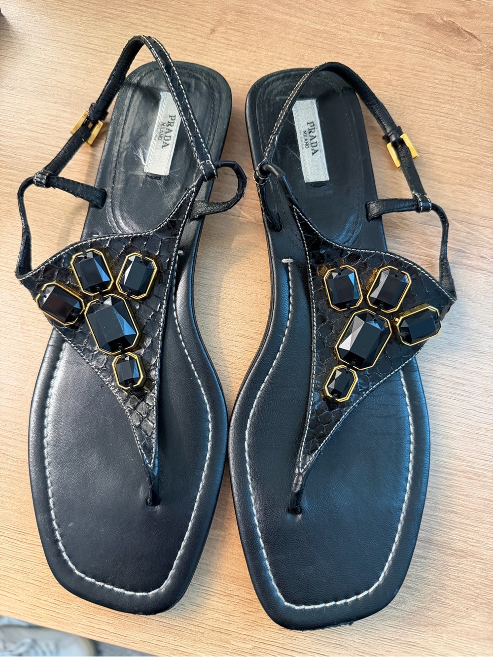 Prada Black Python embellished Leather thong Sandals